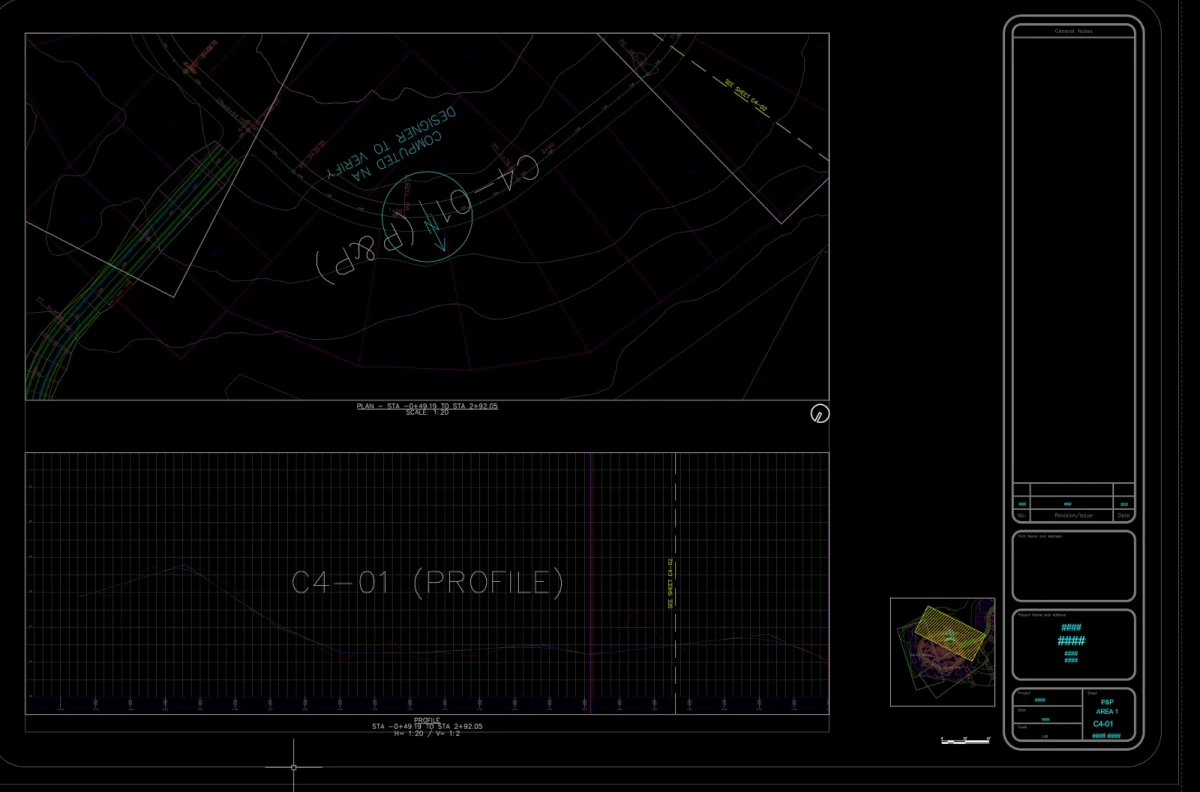 A plan and profile sheet built by SheetAgent for Civil 3D: plan viewport, profile viewport, key map, and a title block numbered C4-01.