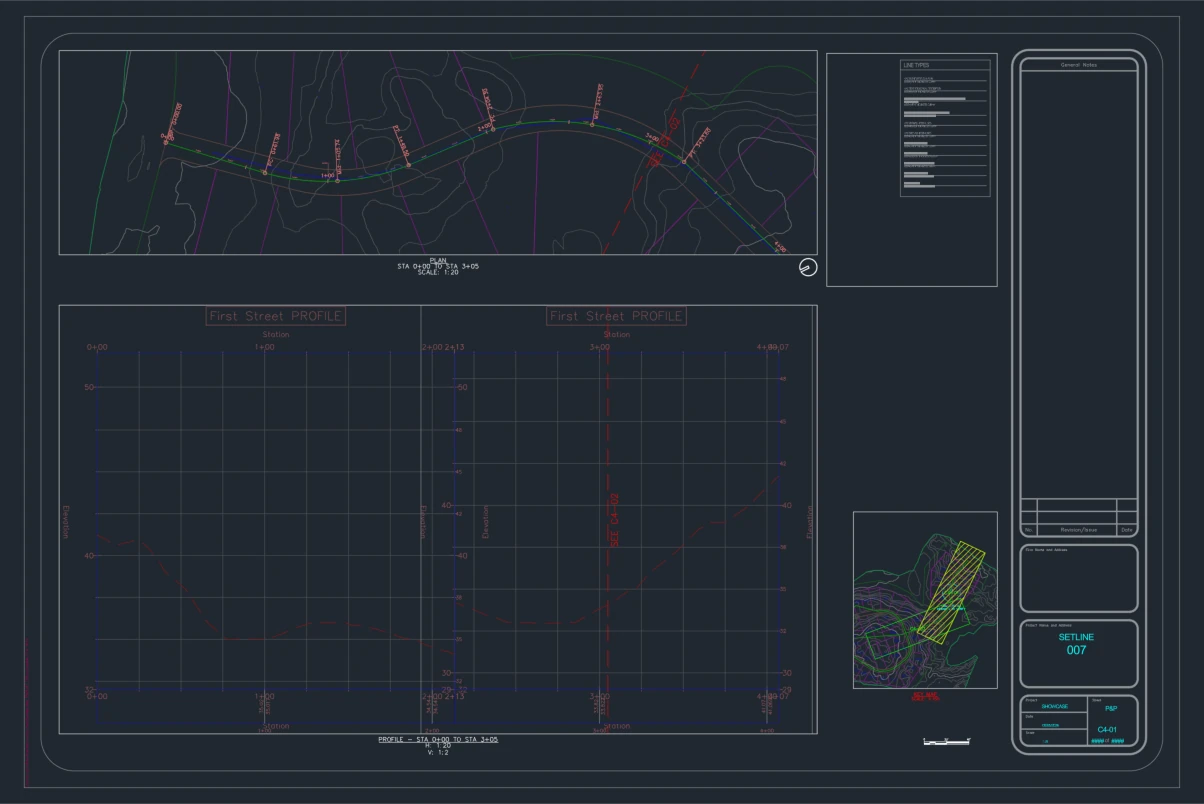 A plan and profile sheet built by SheetAgent for Civil 3D: the plan along the alignment, the profile split vertically into two segments each on its own datum, a key map, viewport titles for the plan, profile and key map, a line type legend, and a title block numbered C4-01.
